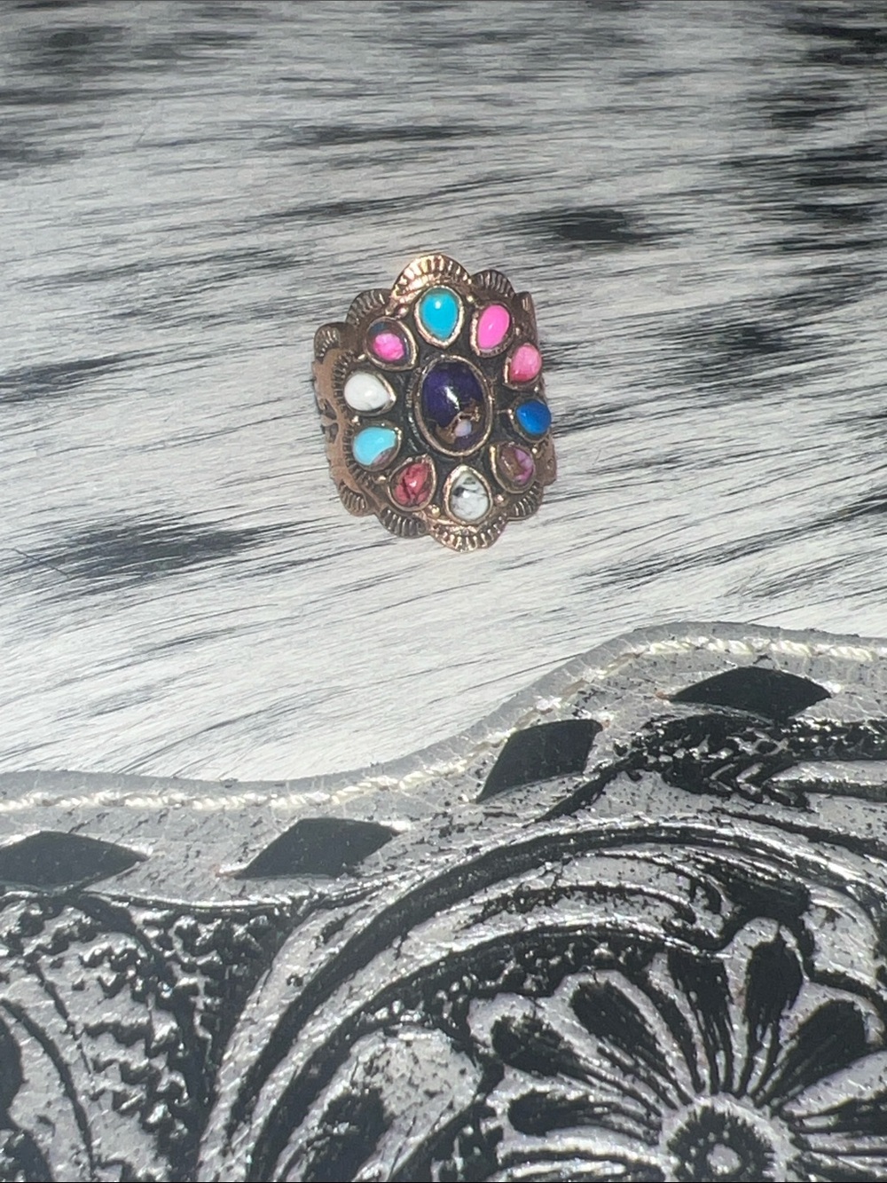 Multicolor Turquoise / White Buffalo / cotton Candy Dahlia ring